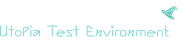 Logo der Chaos Feminist Convention. Der Haupttitel ist: Utopia Test Environment. Zu sehen ist auch das Logo der Haecksen, ein türkisgrüner Hut durchkreuzt von technischen Knoten.
